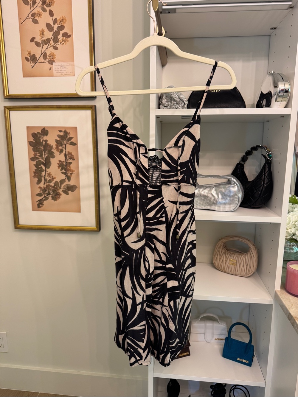 Sleeveless Palm-Print Midi Dress in Black and Cream